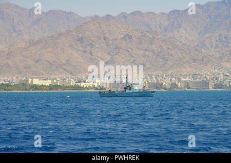 Israel, Eilat, Israeli navy Dabur class patrol boat in the Red Sea. Aqaba, Jordan in the background Stock Photo