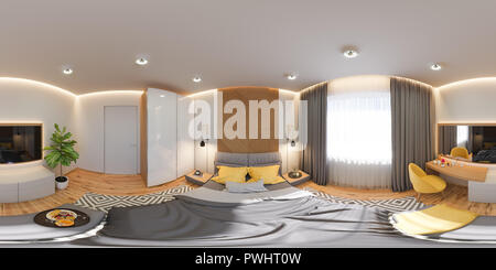 3d illustration of a seamless 360 panorama. Bedroom interior des Stock Photo