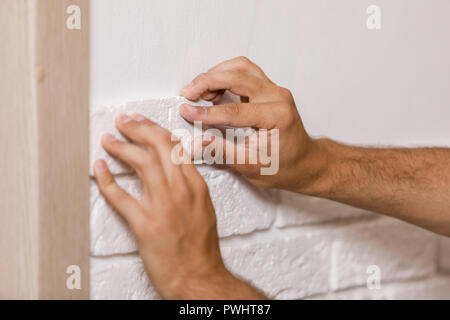 Professional Builder gluing decorative tile on wall. Stock Photo