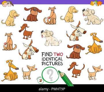 Cartoon Illustration of Finding Two Identical Pictures Educational Game for Kids with Dog Characters Stock Vector