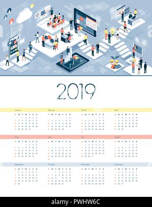 Business and technology calendar 2019: business people and developers working together in a virtual network Stock Vector
