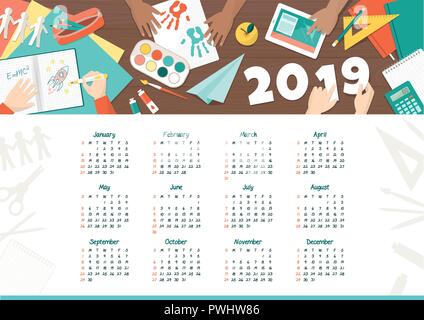 Creative kids at school calendar 2019: happy children studying and playing together Stock Vector