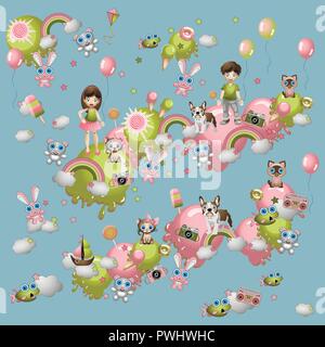 Set of children's elements in the style of the cartoon. Toys, pets, children, sweets, balloons, rainbow etc. Stock Vector