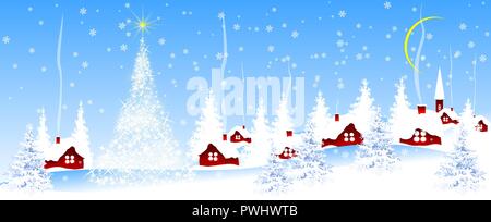 Village covered with snow against the blue sky. Christmas blue banner. Stock Vector