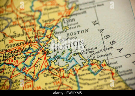 Boston, Massachusetts is the center of focus on an old map. Stock Photo