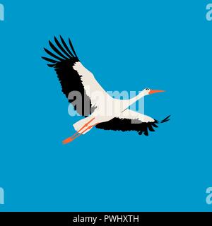 Flat Stork. Isolated stork on blue background Stock Vector