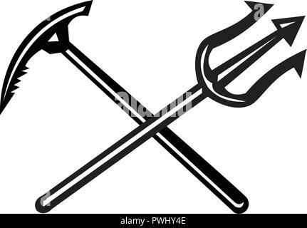 Icon retro style illustration of a crossed mountain ice axe and a trident fork on isolated background done in black and white. Stock Vector