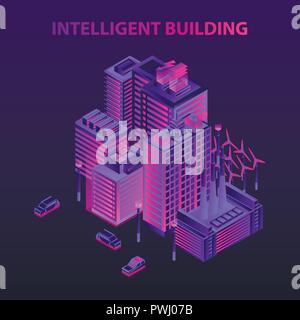 Energy saving intelligent building concept background, isometric style Stock Vector