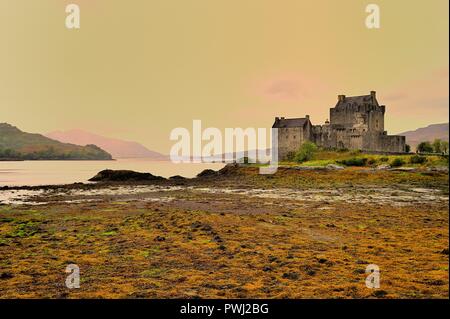 Dornie, by Kyle of Lochalsh, Northwest Highlands, Scotland, United Kingdom. Eilean Donan Castle, the most famous of Highland castles. Stock Photo