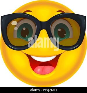 Smiling yellow smiley in black glasses on a white background. Stock Vector