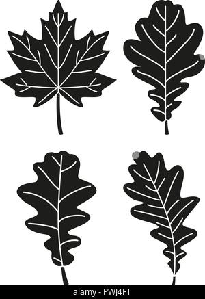 Black and white 4 oak leaf silhouette set. Seasonal fall plant symbol. Autumn harvest themed vector illustration for icon, stamp, label, sticker, badg Stock Vector
