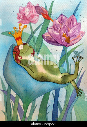 Frog in crown. Hand watercolor drawing illustration of Queen frog in lotuses Stock Photo