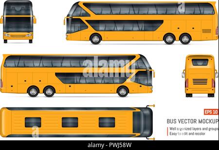 Tourist bus vector mockup on white background for vehicle branding, corporate identity. View from side, front, back, and top. Stock Vector