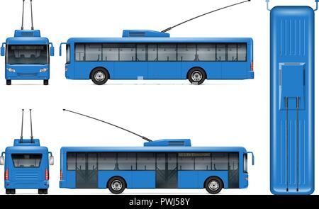 Blue trolleybus vector mockup on white background for vehicle branding, corporate identity. View from side, front, back, top. Stock Vector