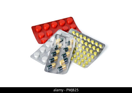 Tablets and capsules in blister packs. Medical preparation. Stock Photo