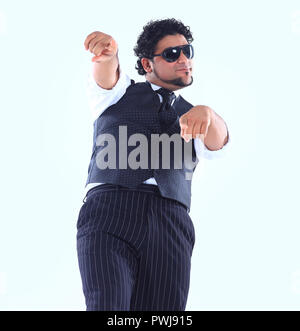 stylish DJ in sunglasses takes break dance Stock Photo