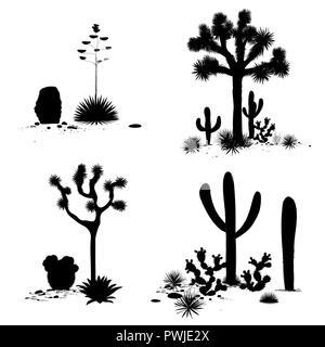 Cacti landscape groups. Vector set with silhouettes of saguaro, prickly pear, and agave. Black and white banner, place for text Stock Vector