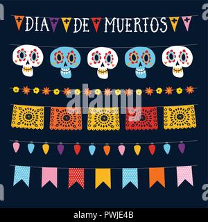 Set of Dia de los Muertos, Mexican Day of the Dead garlands with lights, bunting flags, papel picado and ornamental skulls. Collection of Halloween garden party decorations. Isolated vector objects. Stock Vector