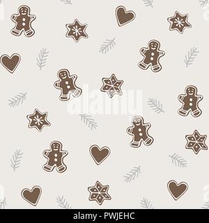 Cute Christmas seamless pattern with various gingerbread cookies and fir tree branches . Winter food concept. Hand drawn flat vintage design. Vector illustration background. Stock Vector