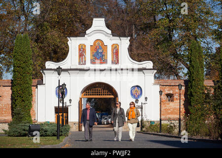 Krekhiv, Ukraine - October 15, 2018. Old Basilian monastery among tree in Krekhiv. Gate to the Krekhiv Monastery Stock Photo