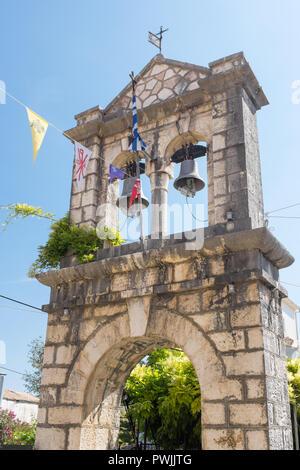 Bell tower with twin bells belonging to The Church of the Panayia Kassopitra in Kassiopi in north east Corfu Stock Photo