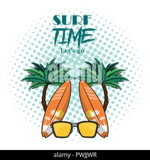 surf time tropical theme with surfboard and palm trees poster vector illustration graphic design Stock Vector