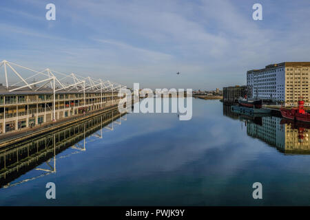 Royal Victoria Dock, London, uk - February 14, 2018: Aerial view of the Excel Exhibtion centre from the bridge in the middle of the dock and shows an  Stock Photo