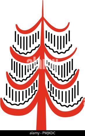 red and blacl fantastic fairy tree. National northen paintings. Folk handicrafts. Enchanting original ornaments. Simplicity. flat pine, spruce, birch, Stock Vector