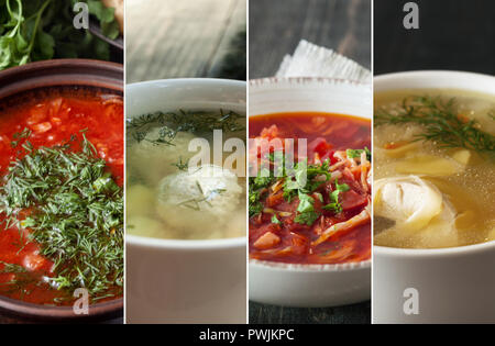 Set with different delicious beet soups. Cooking recipes Stock Photo