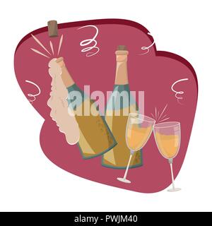 champagne and glasses wedding celebration invitation card cartoon vector illustration graphic design Stock Vector