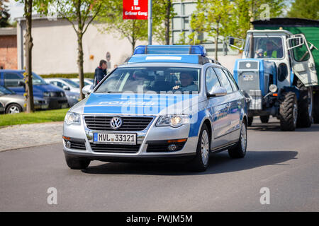 ALTENTREPTOW / GERMANY - MAY 1, 2018: German police car drives on a street during an Oldtimer Show Stock Photo