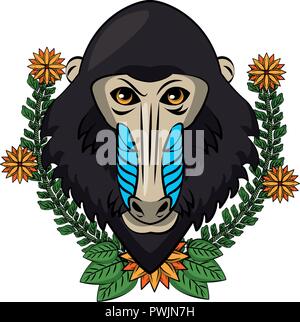Mandrill face cool sketch wild animal on leaves and flowers wreath vector illustration graphic design Stock Vector