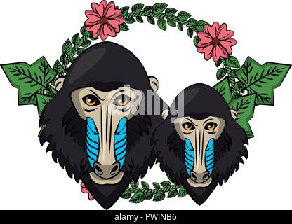 Mandrill face cool sketch wild animal on leaves and flowers wreath vector illustration graphic design Stock Vector