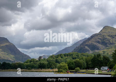 Dolbadarn Castle viewed from Llyn Padran lake, Llanberis Stock Photo