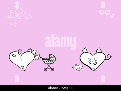 Family of fun heart-shaped pigs on pink background. Cute piggies with snouts and curly tails with baby pig in a stroller. Stock Vector