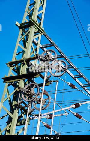 Overhead train electric traction system against the blue sky. Stock Photo