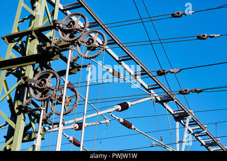 Overhead train electric traction system against the blue sky. Stock Photo