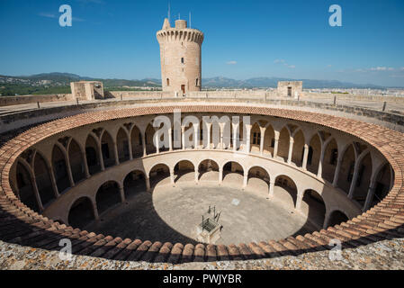 Round walls of Bellver castle - medieval fortress in Palma de Mallorca, Balearic Islands, Spain Stock Photo