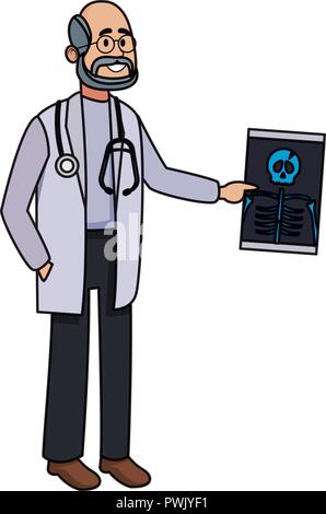 Male doctor with bones xray cartoon in black and white vector ...