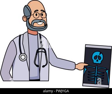 Male doctor with bones xray cartoon in black and white vector ...