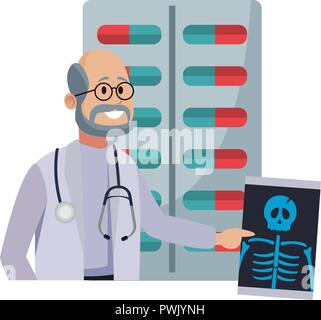 Male doctor with bones xray cartoon in black and white vector ...