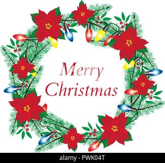 vector illustration of Christmas wreath with poinsettias and lights. Stock Vector