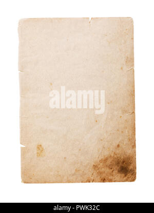Old book page yellowed with time, isolated on white background. Blank sheet for notes Stock Photo