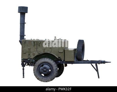 Old Russian military field kitchen on wheels isolated on white background Stock Photo