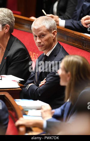 Paris. 16th Oct, 2018. Photo taken on Oct. 16, 2018 shows the newly appointed Minister of Culture Franck Riester (C) in Paris, France. French President Emmanuel Macron on Tuesday named Christophe Castaner, one of his main backers, to supervise interior affairs and replace Gerard Collomb, in his latest cabinet reshuffle. Credit: Jack Chan/Xinhua/Alamy Live News Stock Photo