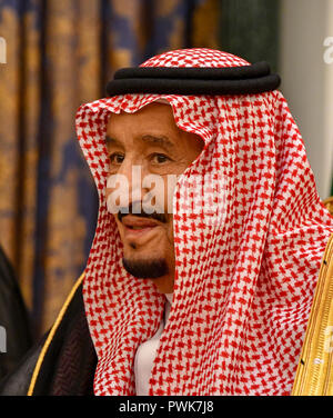 Saudi King Salman bin Abdul-Aziz during a bilateral meeting with U.S. Secretary of State Mike Pompeo at the Royal Court October 16, 2018, in Riyadh, Saudi Arabia. Pompey met with the Crown Prince to discuss the disappearance of Saudi journalist Jamal Khashoggi. Stock Photo