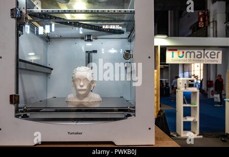 A bust of the German physicist Albert Einstein is seen inside a Tumaker 3D printer during the event. Feria de Barcelona hosts the third edition of the (3D) industry week. The objective is to accelerate the use of technologies and industrial sectors such as Robotics, molds and matrices, new materials and 3D printing. Stock Photo
