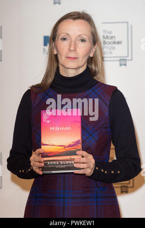 London, UK. 14th Oct, 2018. Novelist Anna Burns poses with her work 'Milkman' during a photocall at the Royal Festival Hall in London, Britain on Oct. 14, 2018. Novelist Anna Burns from Northern Ireland won the Man Booker Prize for fiction for her work 'Milkman', it was announced on Tuesday evening. Credit: Ray Tang/Xinhua/Alamy Live News Stock Photo