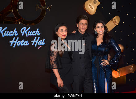 Actress Rani Mukerji, Shah Rukh Khan and Kajol attend the 20th anniversary celebration of film 'Kuch Kuch Hota Hai' at hotel JW Marriott Juhu in Mumbai. Stock Photo