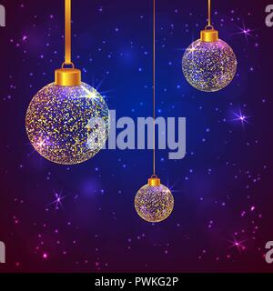 Set of 3 golden sparkled transparent Christmas balls on dark blue and violet backgrounds Stock Vector